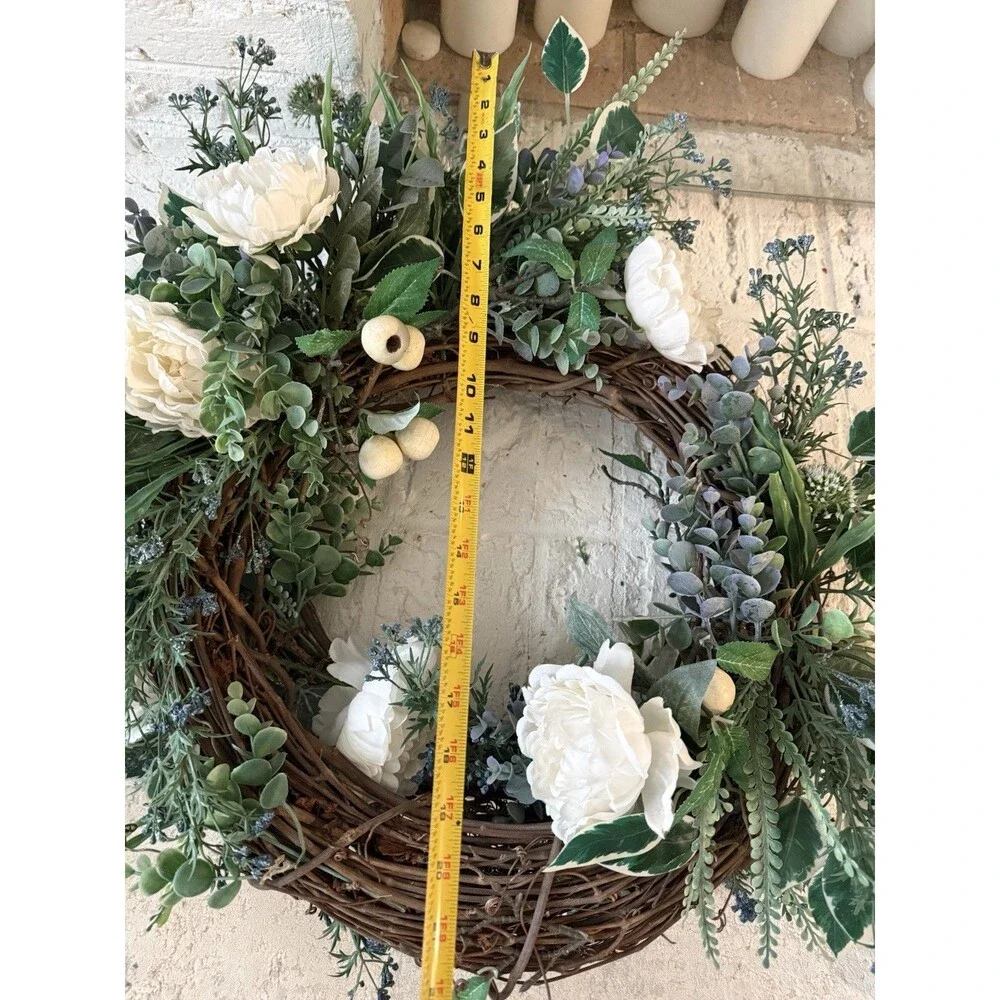 ✿ 18in Spring Greenery Wreath White Peony Floral Farmhouse Door Decor Gift Idea￼